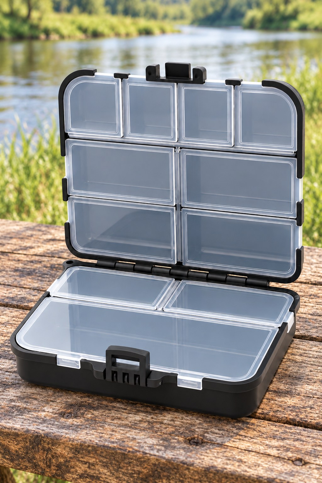 Open tackle box with organized fishing tackle